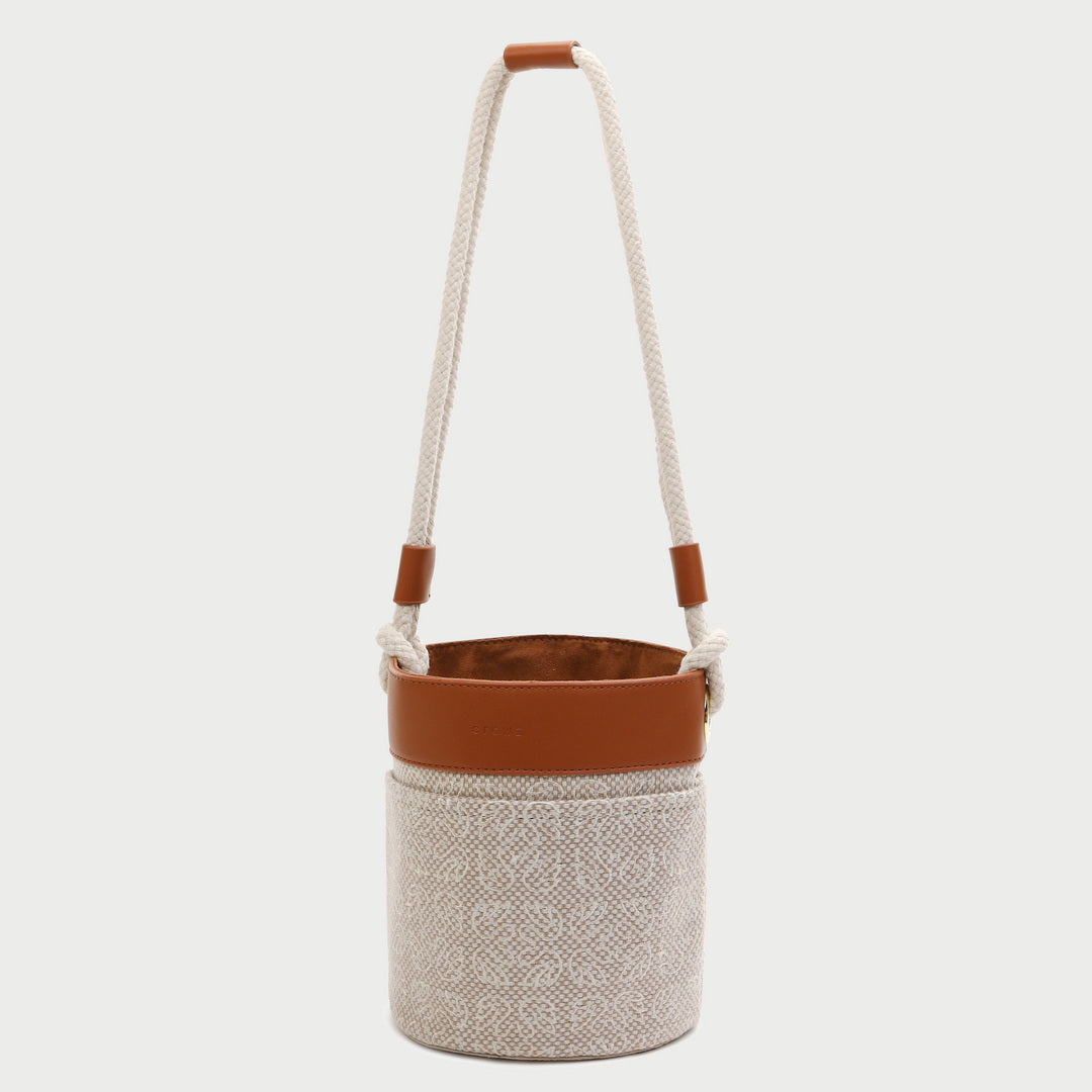 Contrast PU leather trim jacquard detail woven cylinder bucket bag