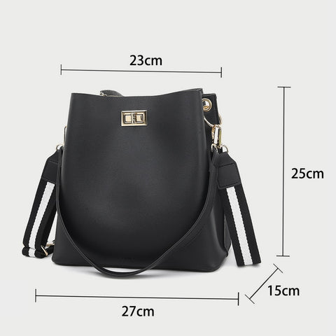 Women Bucket Shoulder Bag Pu Leather Wide Strap Crossbody Bags